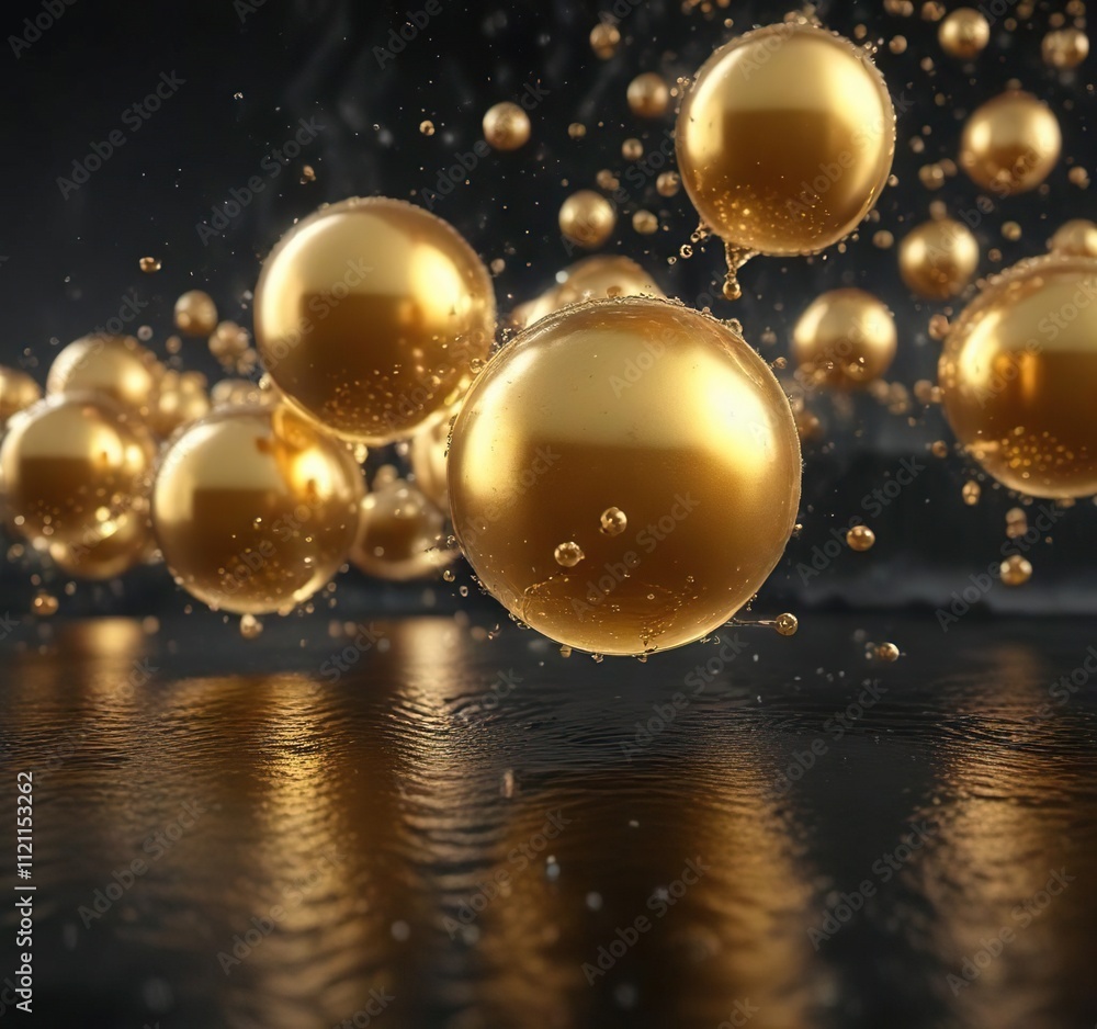 Glowing golden bubbles rising from a dark surface , luminous appearance, mesmerizing effects, radiant spheres Glowing golden bubbles rising from a dark surface , luminous appearance, mesmerizing effects, radiant spheres