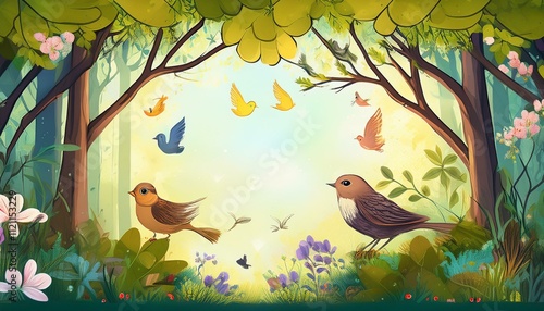 Cartoon frame with spring forest and birds. frame with flowers and birds. photo