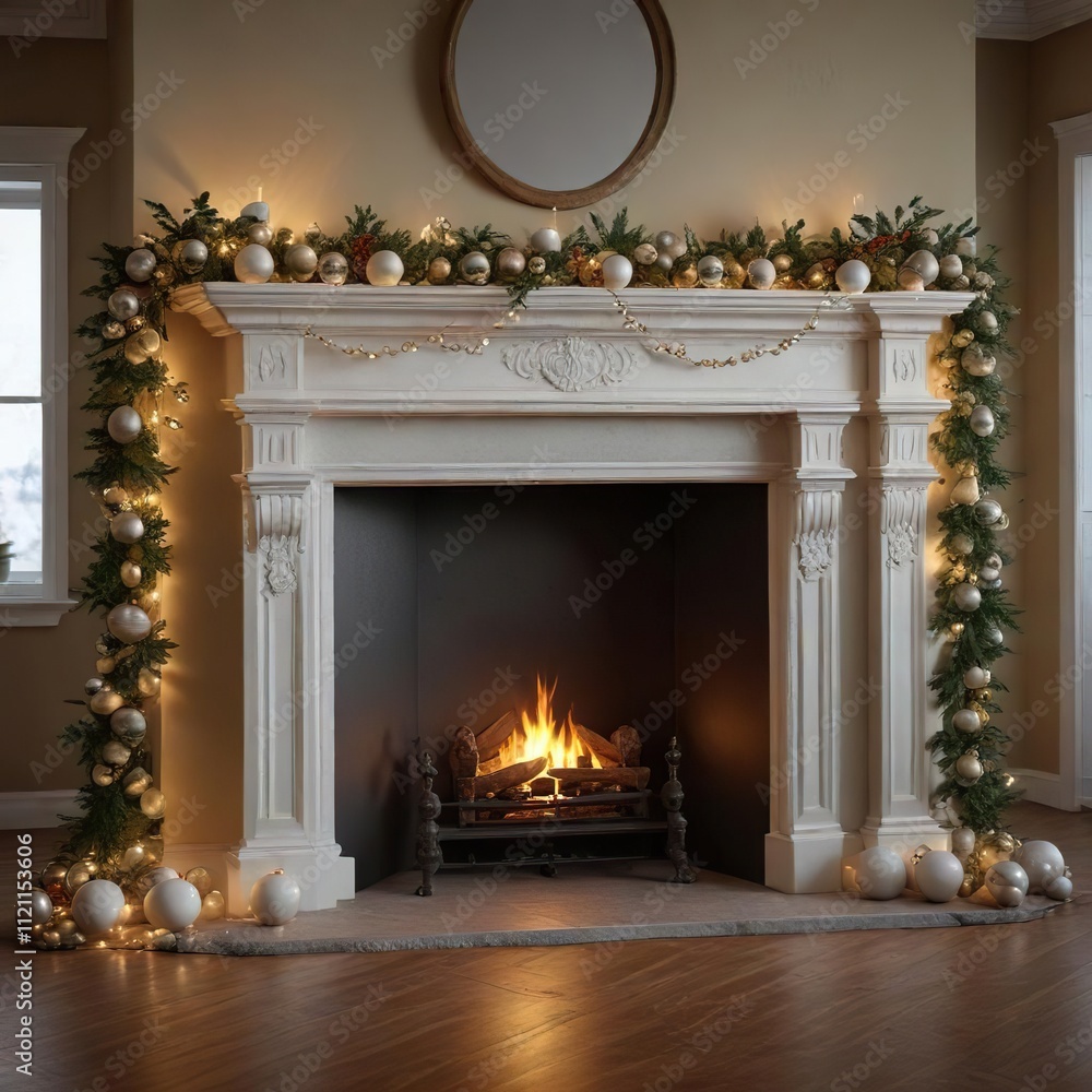 Decorative balls and garlands draped over the mantel above the fireplace, garland, mantel decor Decorative balls and garlands draped over the mantel above the fireplace, garland, mantel decor