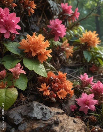 Brown fungal growth with cicada eggs and dead rhododendron, outdoor, insect infestation photo