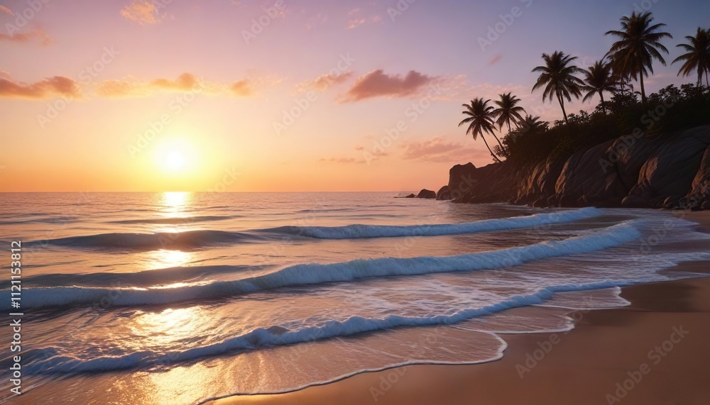 The shore is bathed in a serene light as the sun dips below the horizon, peaceful ocean, calming scene The shore is bathed in a serene light as the sun dips below the horizon, peaceful ocean, calming scene