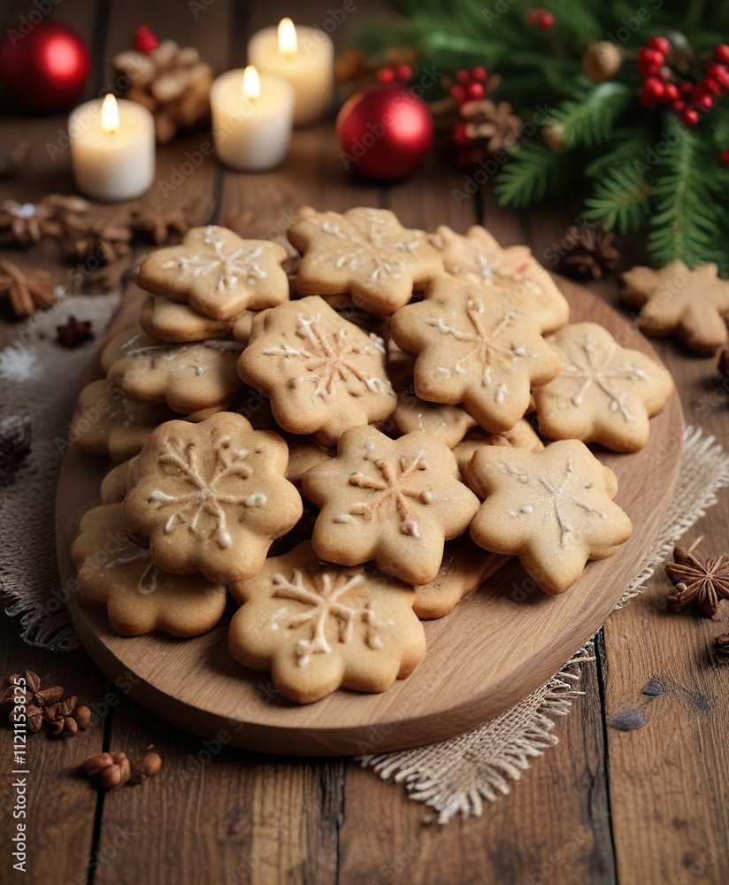 Freshly baked Christmas cookies on a wooden table, dessert, festive atmosphere Freshly baked Christmas cookies on a wooden table, dessert, festive atmosphere