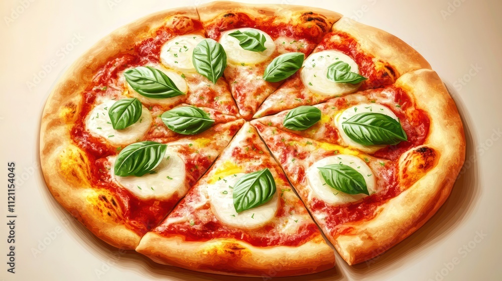 A delicious pizza topped with mozzarella, basil, and tomato sauce, sliced for serving. A delicious pizza topped with mozzarella, basil, and tomato sauce, sliced for serving.