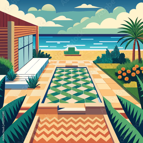 colorful illustration of a modern beach house with geometric pool