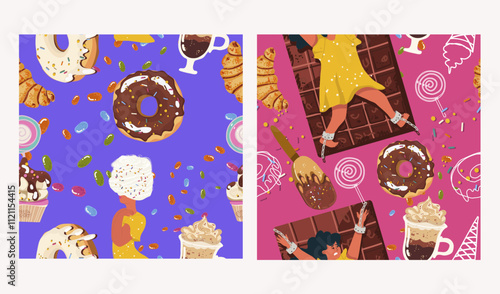 Set of seamless patterns, sugar addiction, desserts, sweets, hand drawn, baking, birthday, vector.