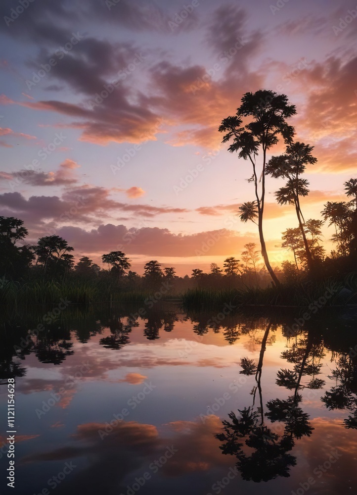 Reflections of a serene sunset on the surface of Laguna Grande Amazonia's calm waters, sunset, Reflections of a serene sunset on the surface of Laguna Grande Amazonia's calm waters, sunset,