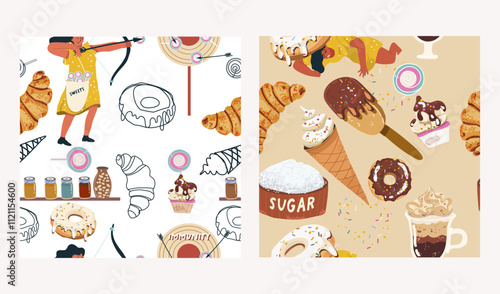 Set of seamless patterns, sugar addiction, desserts, sweets, hand drawn, baking, birthday, vector.