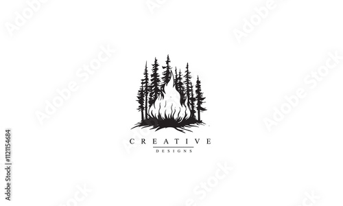Burning forest trees vector black icon white background