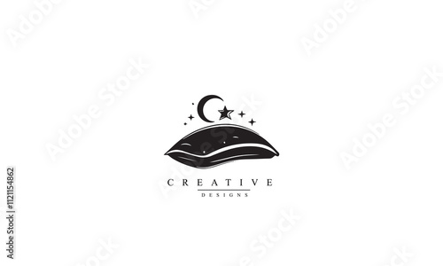 pillow bed with night moon star logo vector black icon symbol graphic design illustration white background