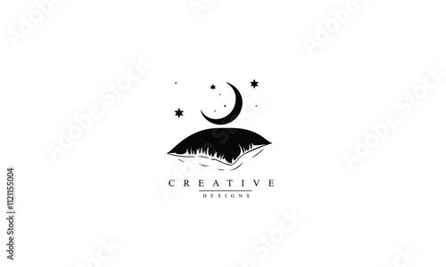 pillow bed with night moon star logo vector black icon symbol graphic design illustration white background