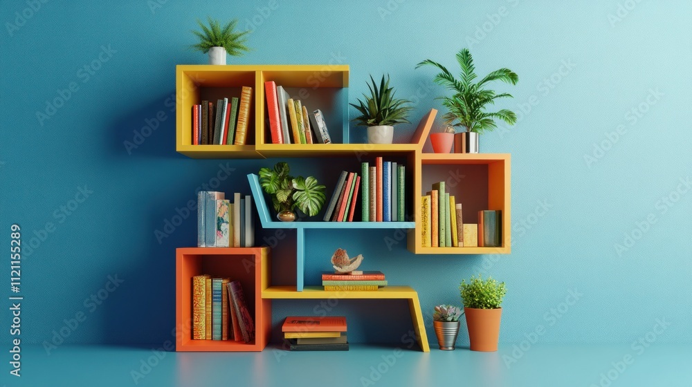 a modern, geometric-shaped bookshelf filled with color-coordinated books a modern, geometric-shaped bookshelf filled with color-coordinated books