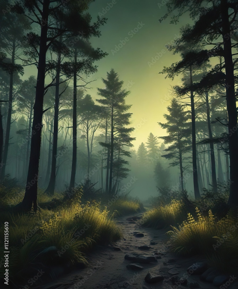 Fototapeta premium Mysterious twilight forest with soft gradient grainy texture and deep green yellow black colors , forest, green