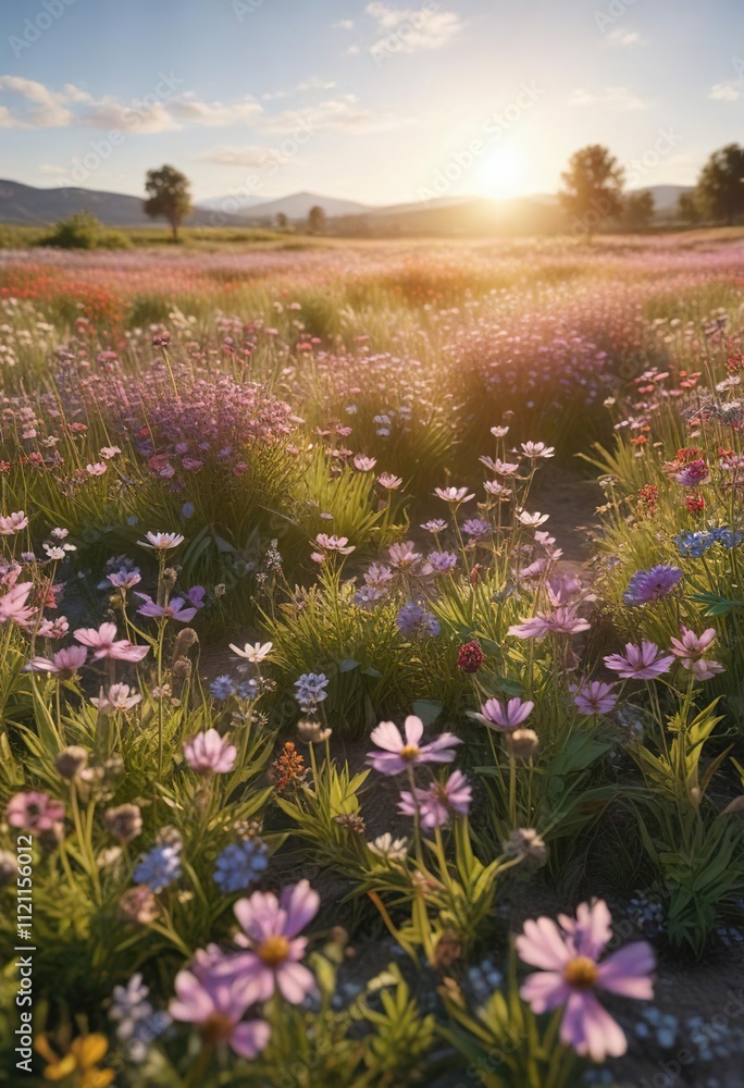 Fototapeta premium Wildflower field in bloom during sunny morning , sunlight on flowers, blooming flowers