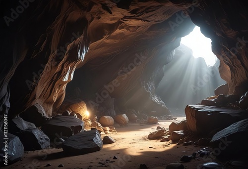 A cave with a sliver of sunlight piercing through , exit, illumination