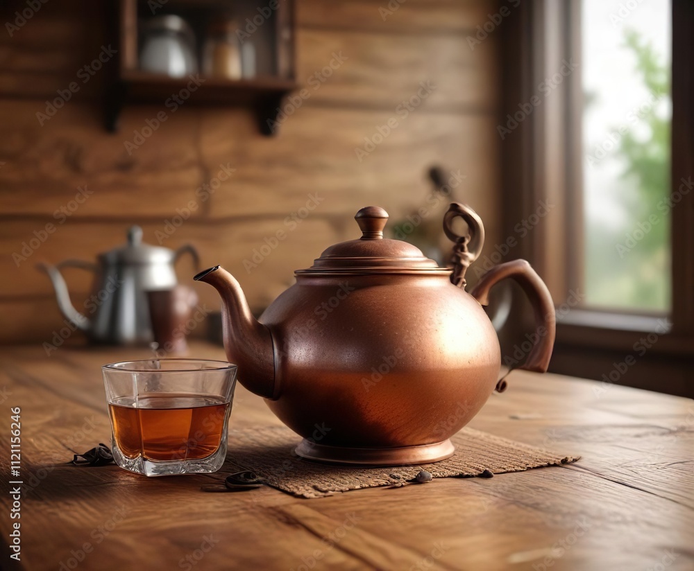 Freshly brewed tea poured from a copper teapot on a wooden table, cozy atmosphere, copper teapot, warm beverage Freshly brewed tea poured from a copper teapot on a wooden table, cozy atmosphere, copper teapot, warm beverage