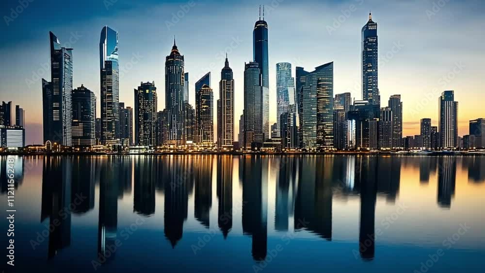 A stunning cityscape featuring towering skyscrapers glowing with vibrant lights, mirrored perfectly in the calm waters below, creating a captivating reflection at nighttime. A stunning cityscape featuring towering skyscrapers glowing with vibrant lights, mirrored perfectly in the calm waters below, creating a captivating reflection at nighttime.