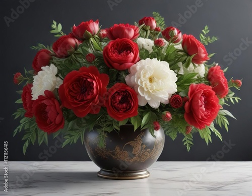 Wallpaper Mural A stunning floral arrangement with red roses and peonies in a beautiful vase, fresh cut flowers, floral arrangement Torontodigital.ca