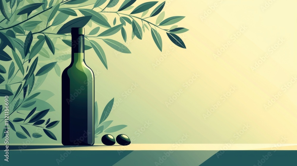Sleek flat vector illustration of a green olive oil bottle with olives on a wooden shelf surrounded by olive leaves in a calm setting Sleek flat vector illustration of a green olive oil bottle with olives on a wooden shelf surrounded by olive leaves in a calm setting