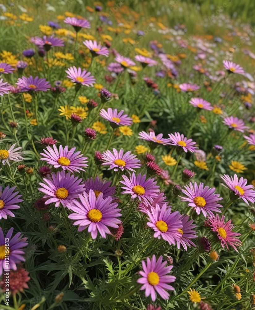 A mix of colorful asters and ragweed in a sunny meadow, purple flowers, wildflowers A mix of colorful asters and ragweed in a sunny meadow, purple flowers, wildflowers