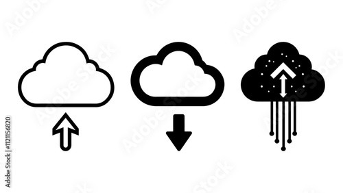 Illustrate a black-and-white, minimal icon of a cloud with an arrow pointing up