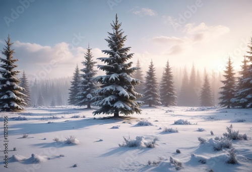 Spruce Christmas tree in a frosty winter landscape with snow-covered trees, winter wonderland, natural beauty