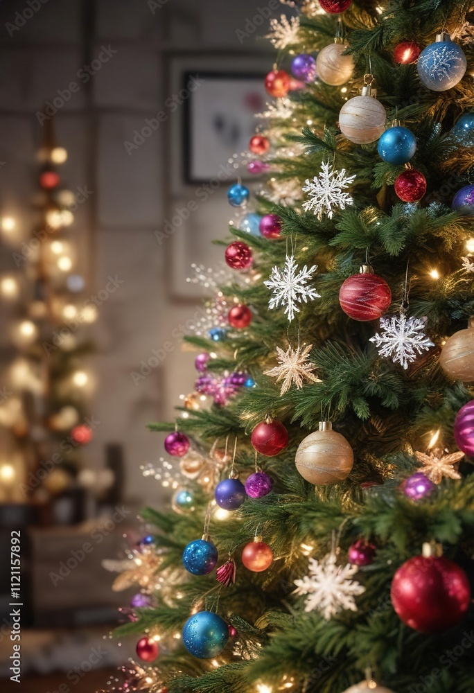 Sparkling snowflakes fall gently around a Christmas tree, adorned with colorful glitter ornaments and lights, ornaments, winter wonderland, festive season Sparkling snowflakes fall gently around a Christmas tree, adorned with colorful glitter ornaments and lights, ornaments, winter wonderland, festive season