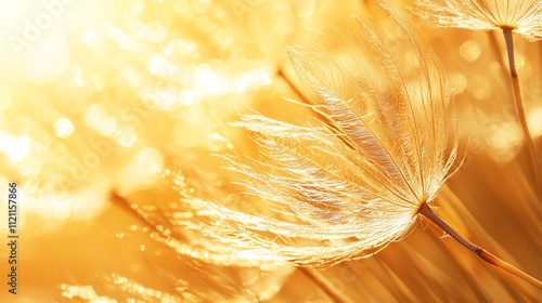 Macro photograph of a dandelion seed head, soft and airy textures highlighted by a gentle glow, closeup with smooth focus photo