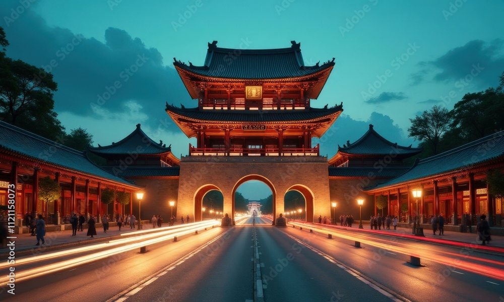 Obraz premium Illuminated Asian Archway at Dusk