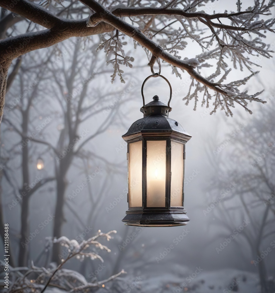 A frosted glass lantern hangs from a tree branch on a misty Christmas Eve, frosty details, icy ornament A frosted glass lantern hangs from a tree branch on a misty Christmas Eve, frosty details, icy ornament