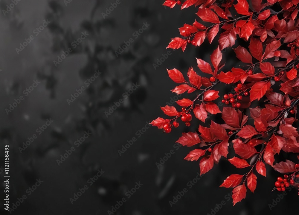 Black background with red holly leaves and berries, decoration, festive, autumnal Black background with red holly leaves and berries, decoration, festive, autumnal
