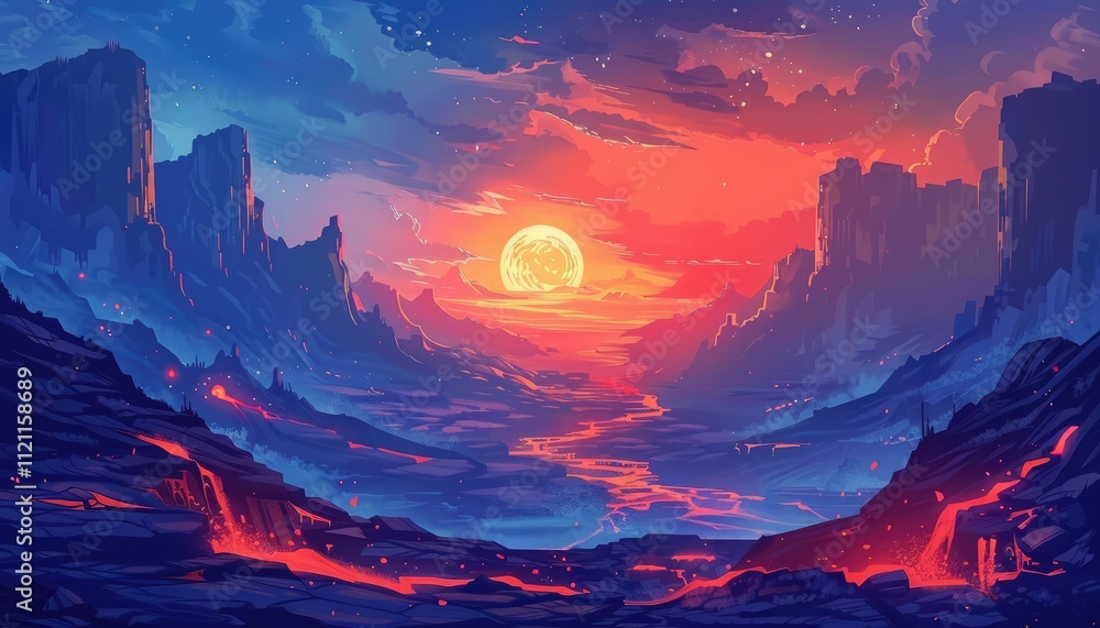 Volcanic River Valley Sunset Landscape Fantasy Art Volcanic River Valley Sunset Landscape Fantasy Art