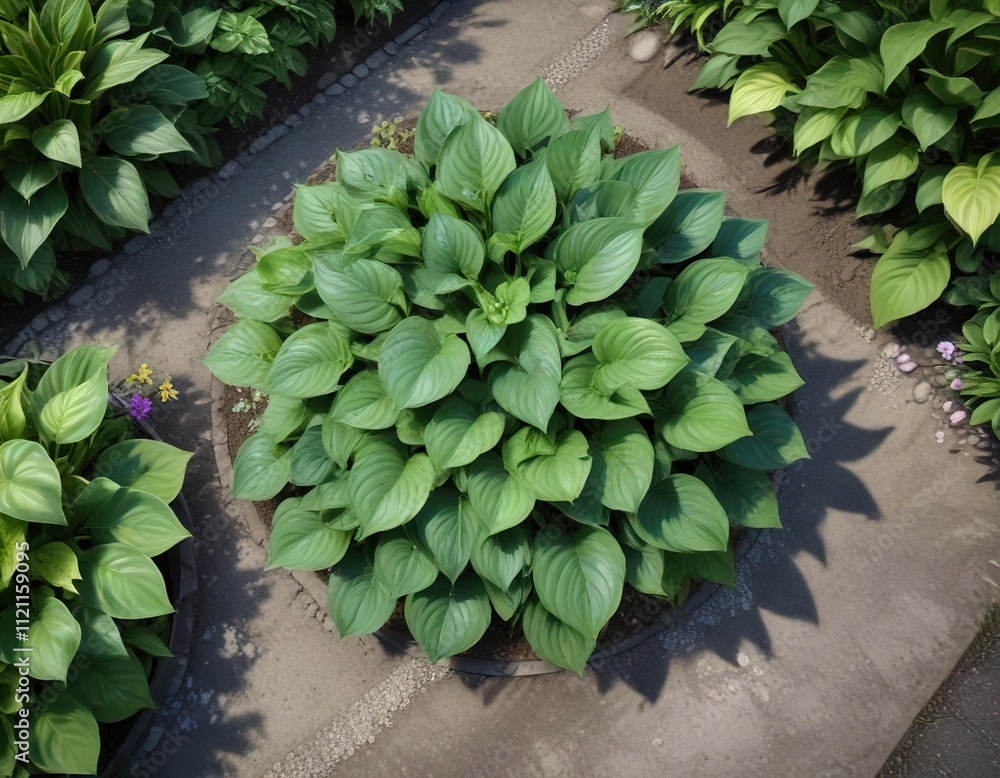Overhead view of Hosta in a garden with other plants , autumn garden, hosta, leafy branches Overhead view of Hosta in a garden with other plants , autumn garden, hosta, leafy branches