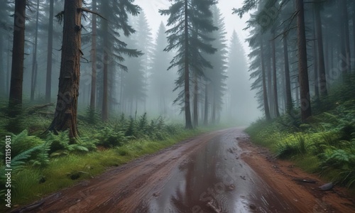 Dense coniferous forests on a forest road under heavy rainfall, rain, tree cover, coniferous trees