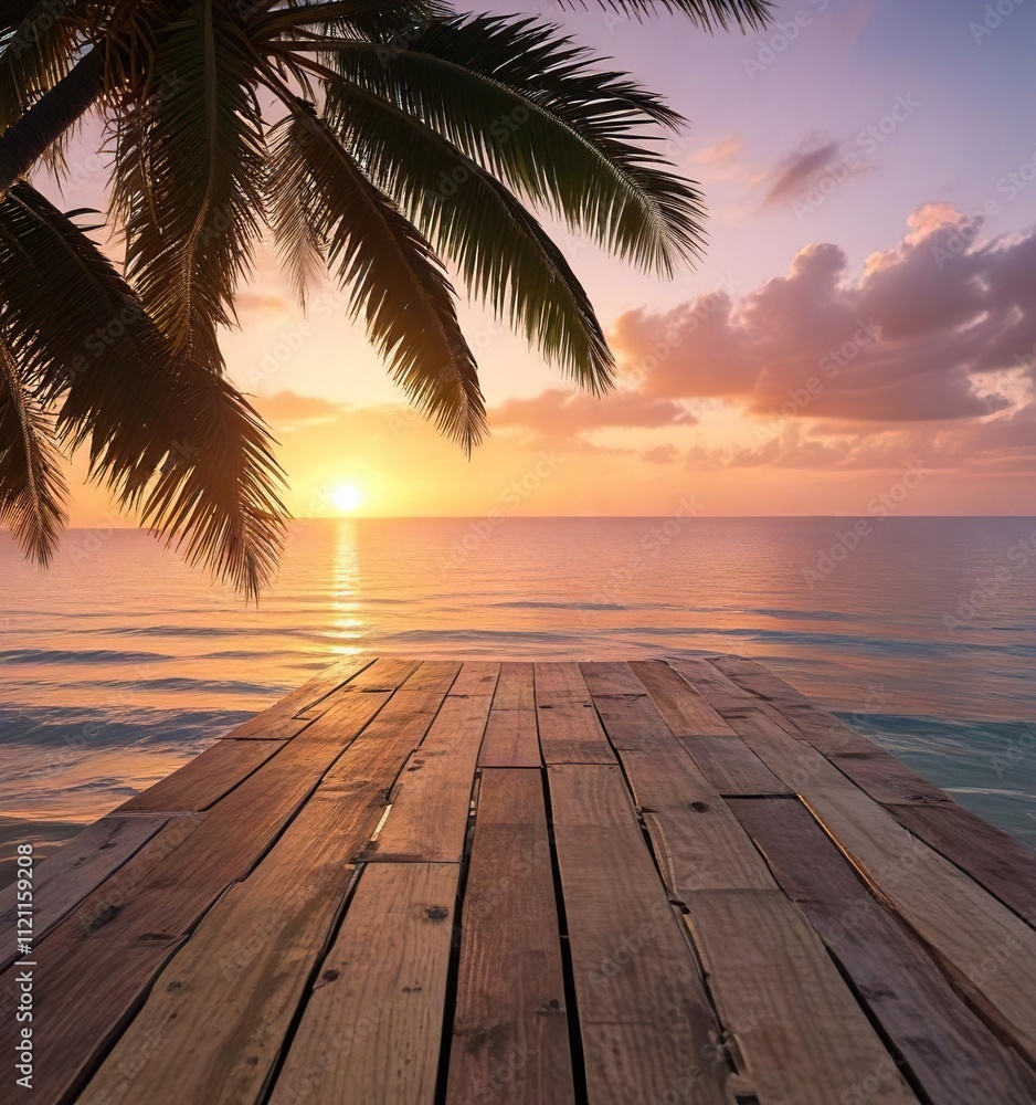 Palm fronds on a wooden pier in calm sea at sunset, sea, foliage, tropical Palm fronds on a wooden pier in calm sea at sunset, sea, foliage, tropical