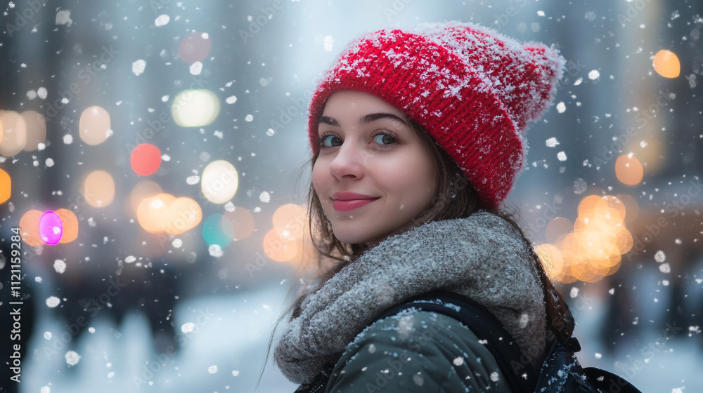Young woman smiles in snowy city street during winter evening with colorful lights Young woman smiles in snowy city street during winter evening with colorful lights
