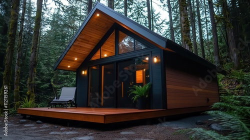 Modern cabin nestled in a forest with wooden deck and large windows.