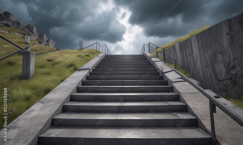 Elevated concrete staircase leading up steep hill under stormy cloudy weather, elevated, ascension, cloud Elevated concrete staircase leading up steep hill under stormy cloudy weather, elevated, ascension, cloud