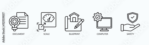 Framework For Scalable And Secure Digital Documentation Icon Set Vector Illustration Concept With Icon Of Document, Scale, Blueprint, Computer, Safety In Outline Style
