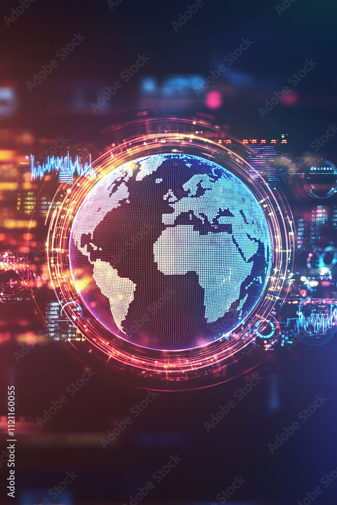 Modern fintech icon set against a glowing digital sphere representing global finance. Modern fintech icon set against a glowing digital sphere representing global finance.