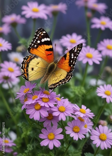 Delicate butterfly perched on a purple feverfew flower, garden scene, feverfew flowers, butterflies