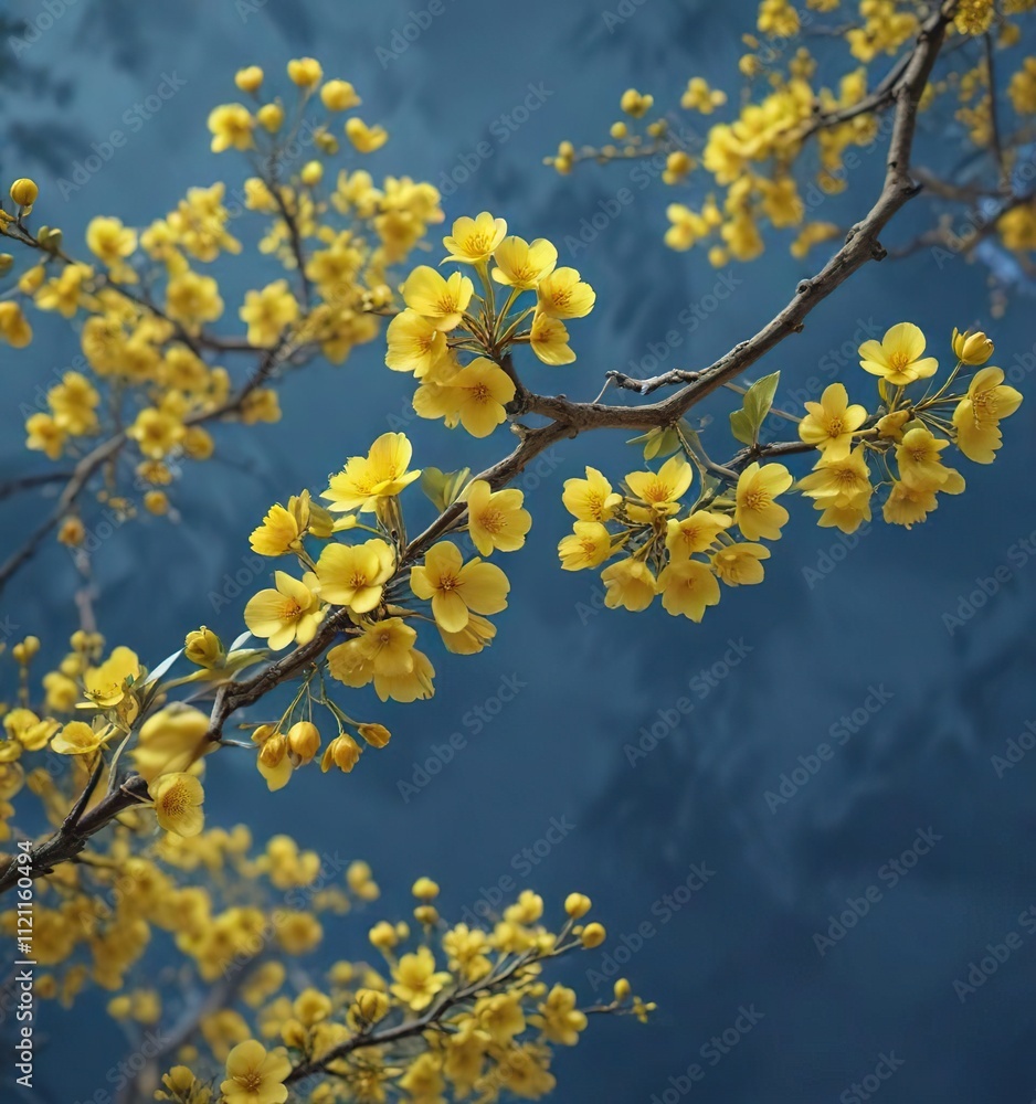 Warm and inviting branch with bright yellow blooms against a soothing blue backdrop, photography, branch Warm and inviting branch with bright yellow blooms against a soothing blue backdrop, photography, branch