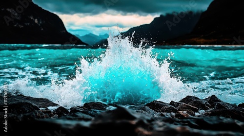 Dynamic ocean waves surging against rocks under a dramatic sky.