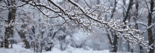 Bare branches with snow-covered leaves and twigs, landscape, snow, frosty