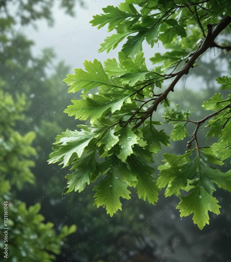 A single oak branch with lush green leaves and tiny raindrops clinging to it in summer, raindrops, outdoor A single oak branch with lush green leaves and tiny raindrops clinging to it in summer, raindrops, outdoor