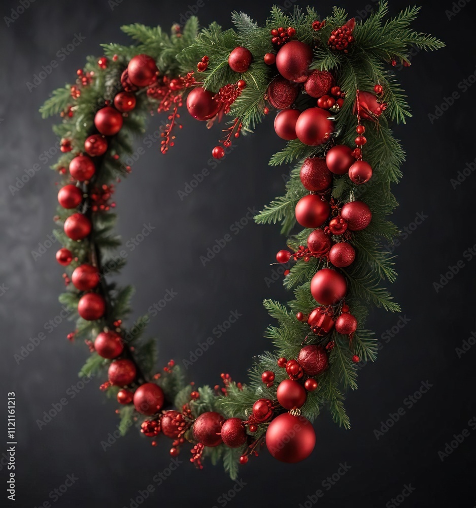 Black background with red Christmas garland and ornaments, evergreen, season Black background with red Christmas garland and ornaments, evergreen, season