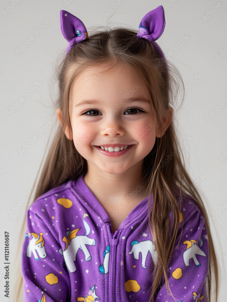 joyful little girl in purple pajamas with unicorns, smiling brightly joyful little girl in purple pajamas with unicorns, smiling brightly