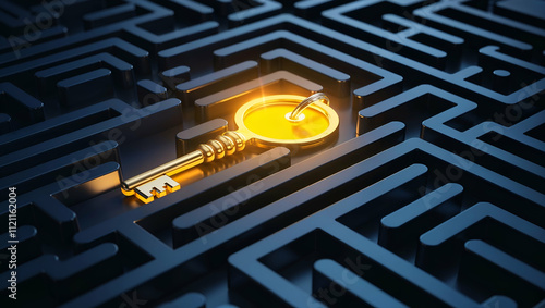 Unlocking pathways within a complex maze featuring a golden key symbolizing solutions and discoveries