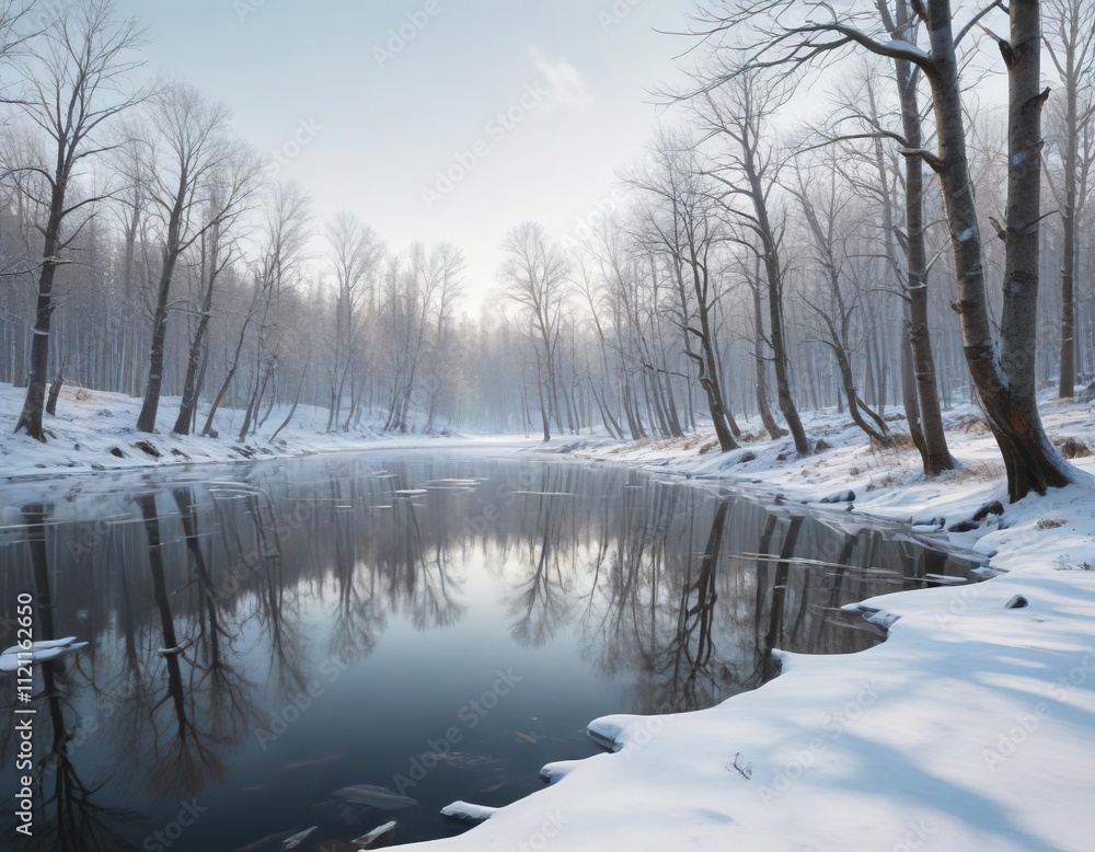 Snowy forest landscape with bare trees and a frozen lake, frozen lake, snowy woods, peaceful scenery Snowy forest landscape with bare trees and a frozen lake, frozen lake, snowy woods, peaceful scenery