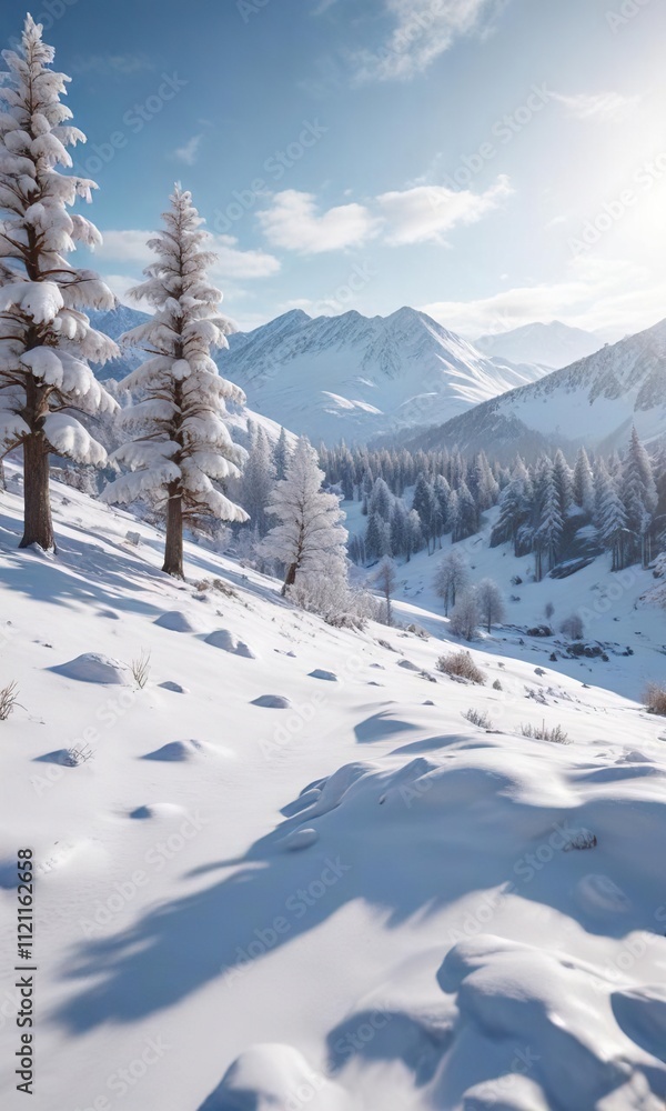 Snowy landscape with snow-covered trees and hills, bare branches, frosty mornings, snowy woods Snowy landscape with snow-covered trees and hills, bare branches, frosty mornings, snowy woods