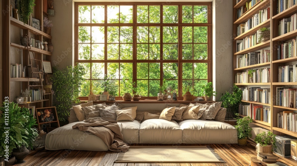 Fototapeta premium Serene Living Room With Large Window And Bookshelves